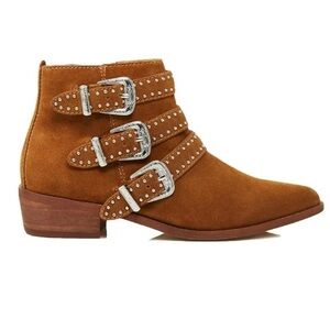 AQUA Blane Western Studded Cognac Suede Booties, size 10